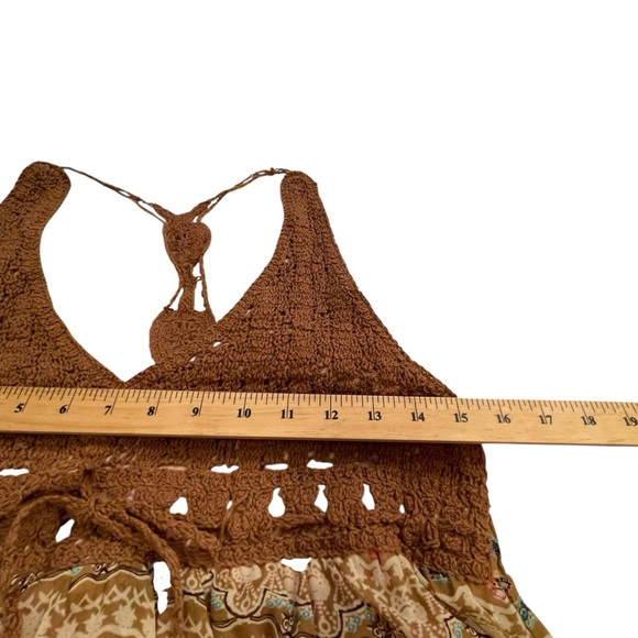Bohemian Brown Maxi Dress-Crocheted Halter-Size Large-Front Drawstring - Picture 8 of 11